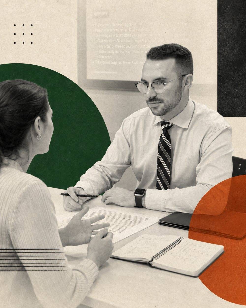 Johnathan Grimmel in conversation across a table