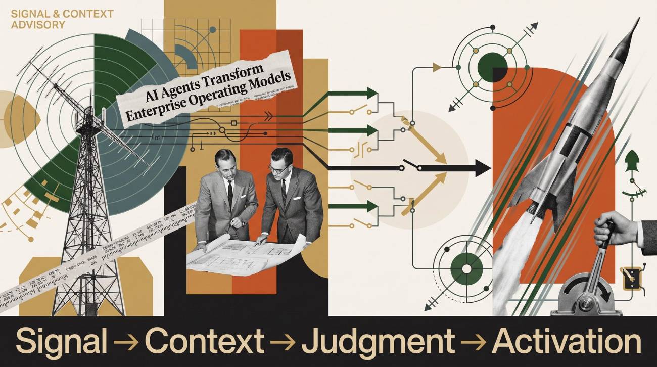Signal to Context to Judgment to Activation — collage of a broadcast tower, planners, switching logic and a launch