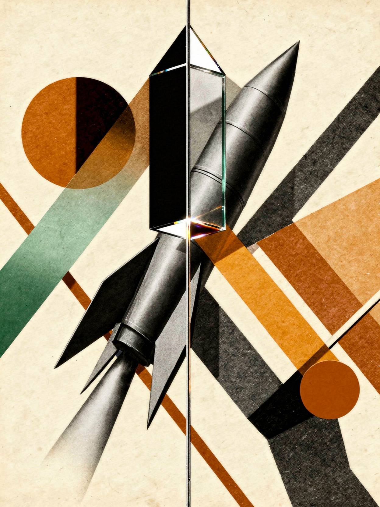 Collage of a rocket refracted through a prism
