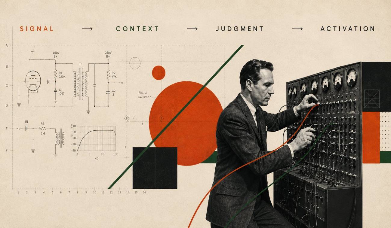 An engineer patching a signal console, annotated Signal, Context, Judgment, Activation