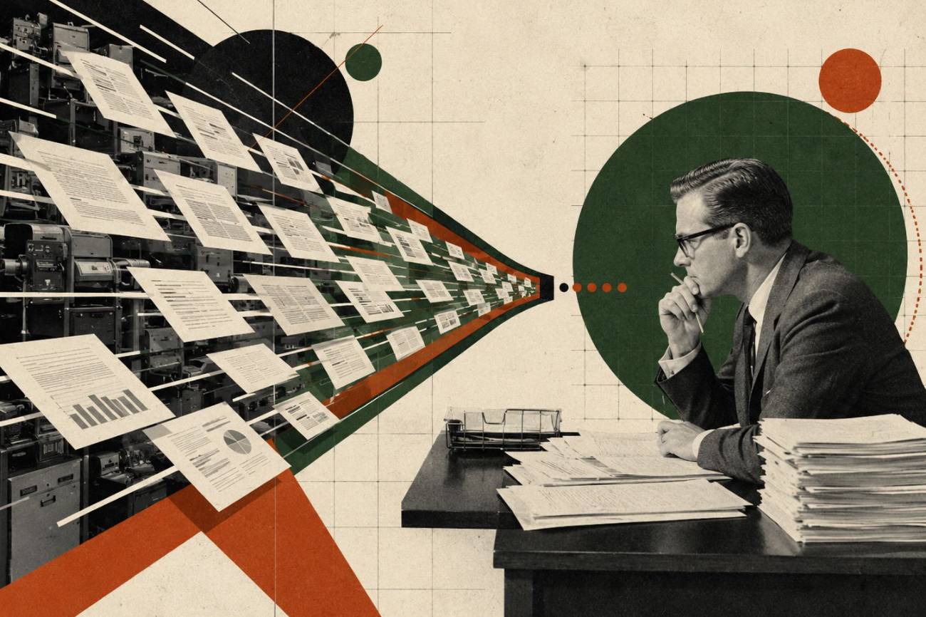 Collage of documents funneling toward a seated executive