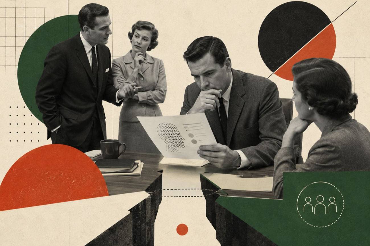 Collage of colleagues reviewing a report across a widening gap