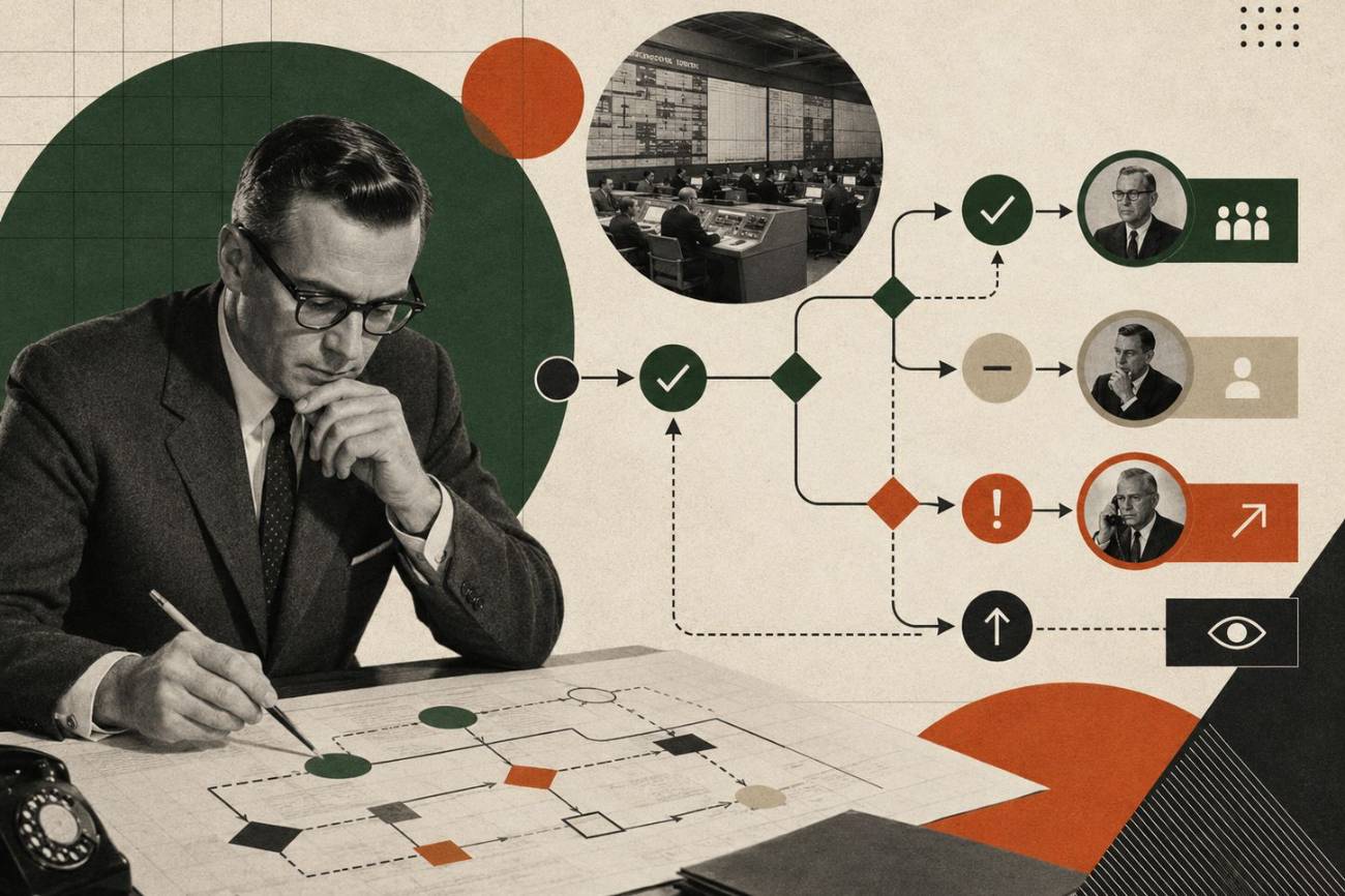 Collage of a planner mapping an approval and escalation flow