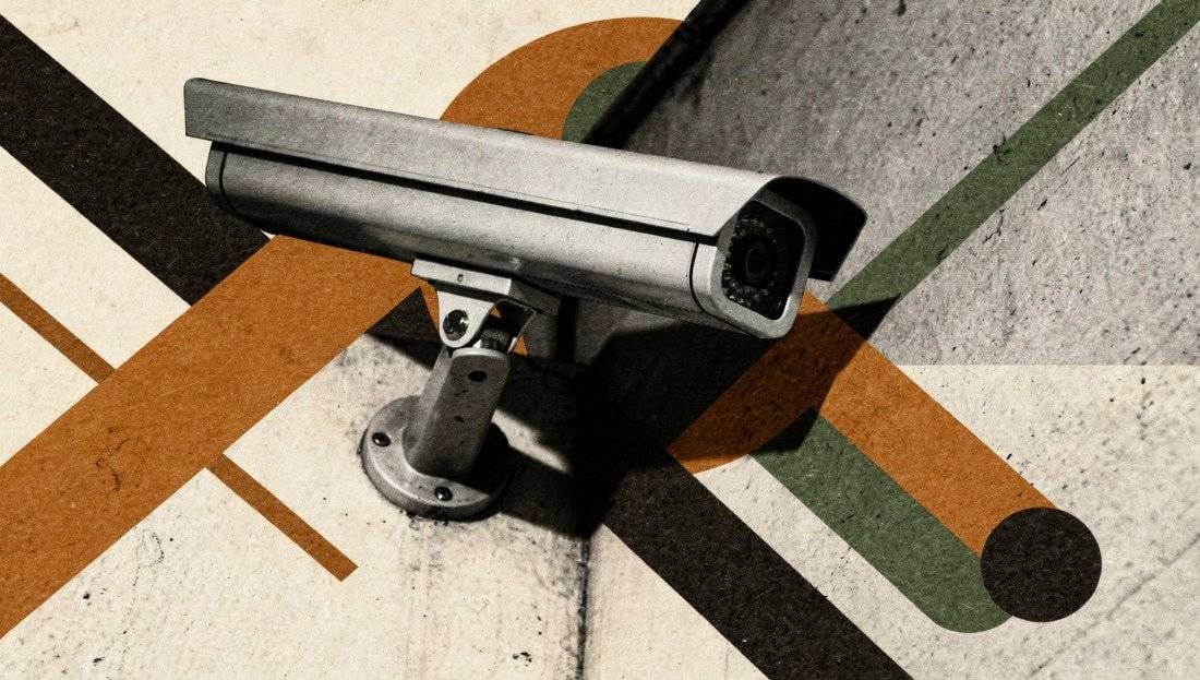 Collage of a surveillance camera against geometric bands