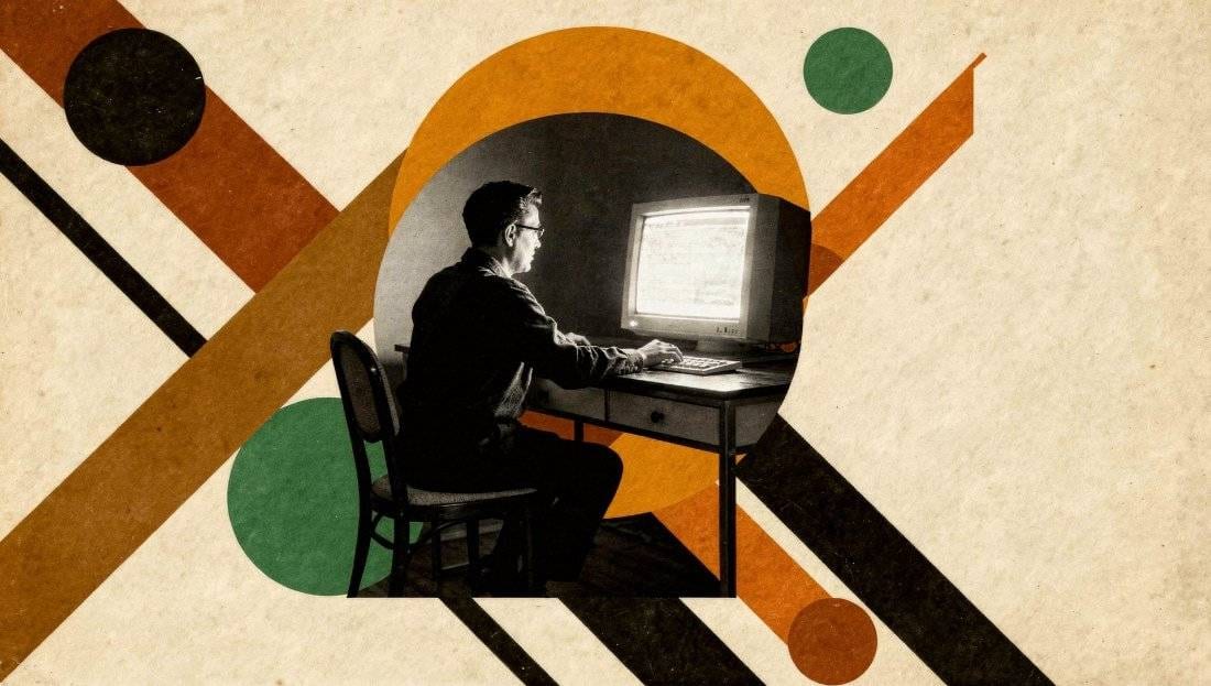 Collage of a person working at a desk terminal