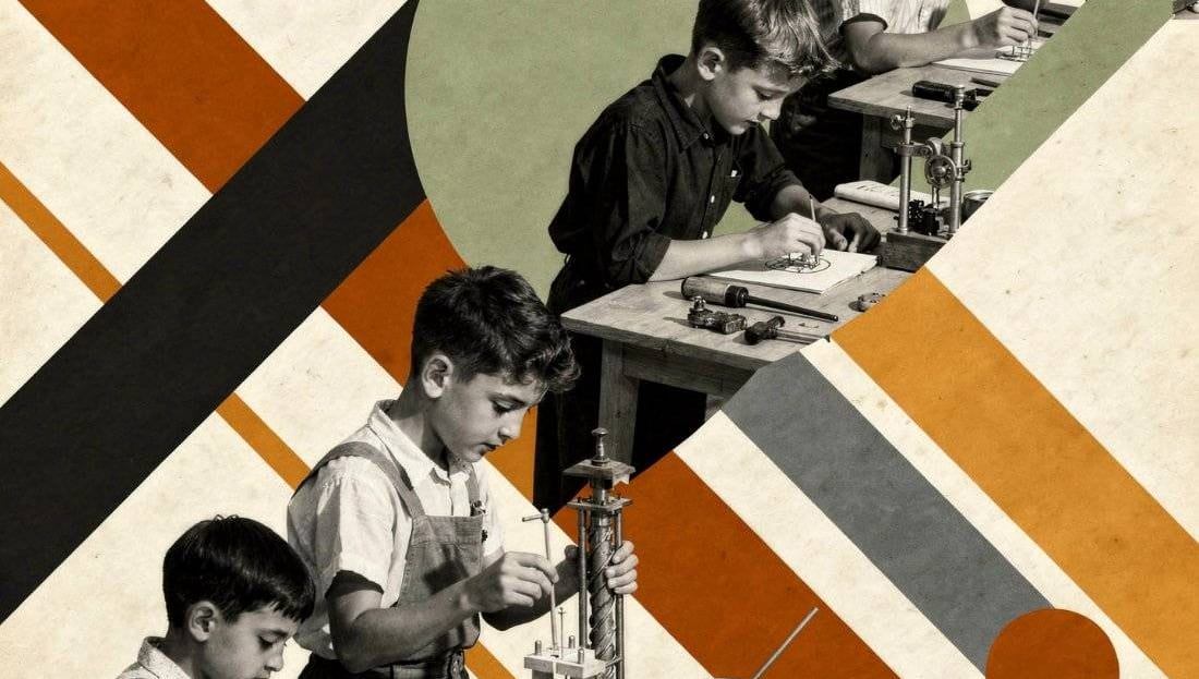 Collage of apprentices learning at workbenches