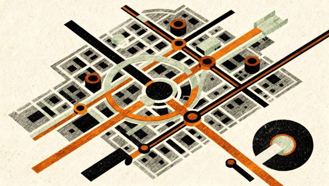 Isometric collage of a city grid with routed intersections