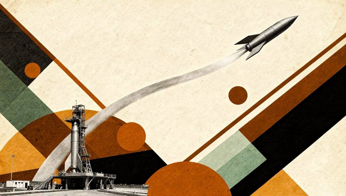 Collage of a rocket lifting off from a launch pad