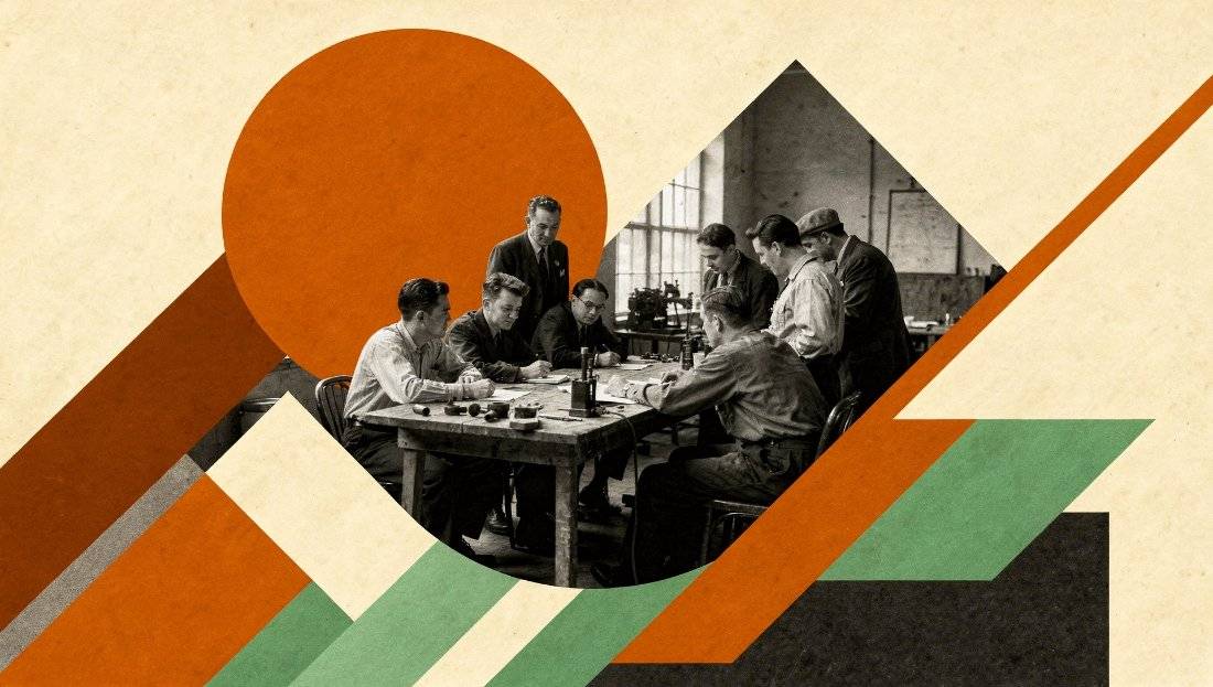 Collage of a team working together around a workshop table