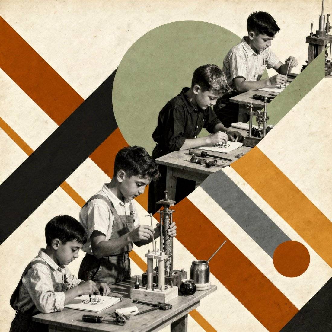 Collage of apprentices learning at workbenches